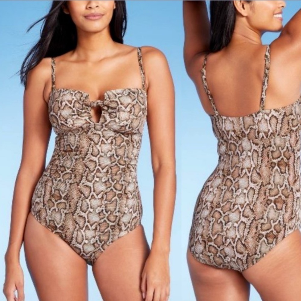 Women’s Textured Pique Tie-Front One Piece Swimsuit Kona Sol Snake Print Size M